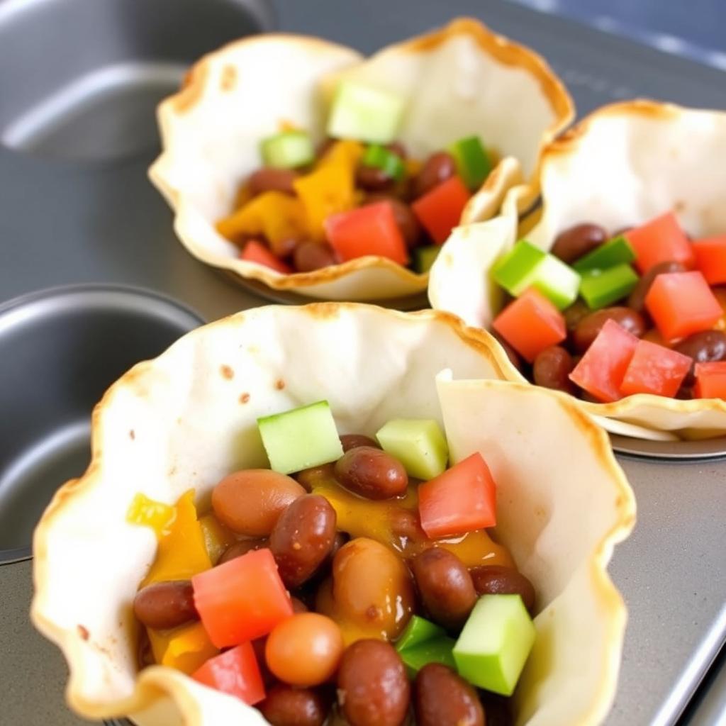 Mini taco cups filled with beans, cheese and vegetables Mini taco cups filled with beans, cheese and vegetables