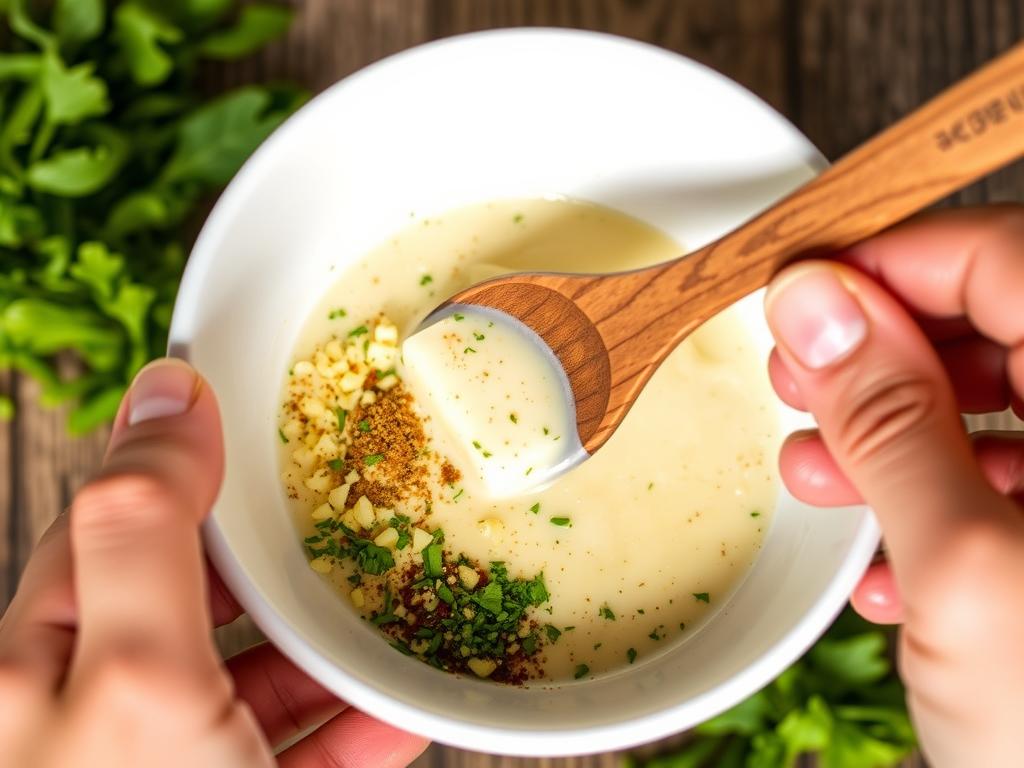 Mixing garlic butter sauce in a small bowl with a spoon Mixing garlic butter sauce in a small bowl with a spoon