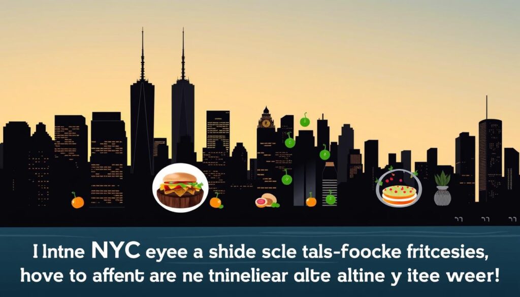 NYC skyline with food elements overlaid, representing the city's diverse cuisine NYC skyline with food elements overlaid, representing the city's diverse cuisine