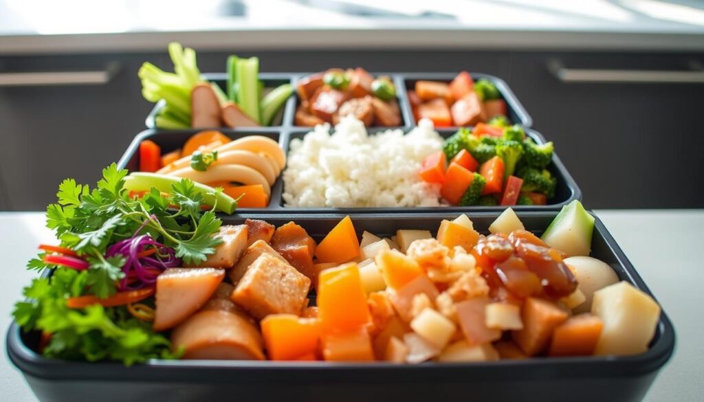 Neatly arranged bento box filled with an array of delectable homemade Japanese-inspired dishes. In the foreground, a variety of vibrant vegetables, perfectly cooked protein, and aromatic herbs. The middle ground showcases an assortment of carefully portioned side dishes, from fluffy white rice to savory pickled items. In the background, a clean, minimalist kitchen countertop with natural lighting streaming in, creating a warm, inviting atmosphere. The overall composition conveys a sense of organization, balance, and culinary artistry, perfectly capturing the essence of meal prep for weekly bento box success.