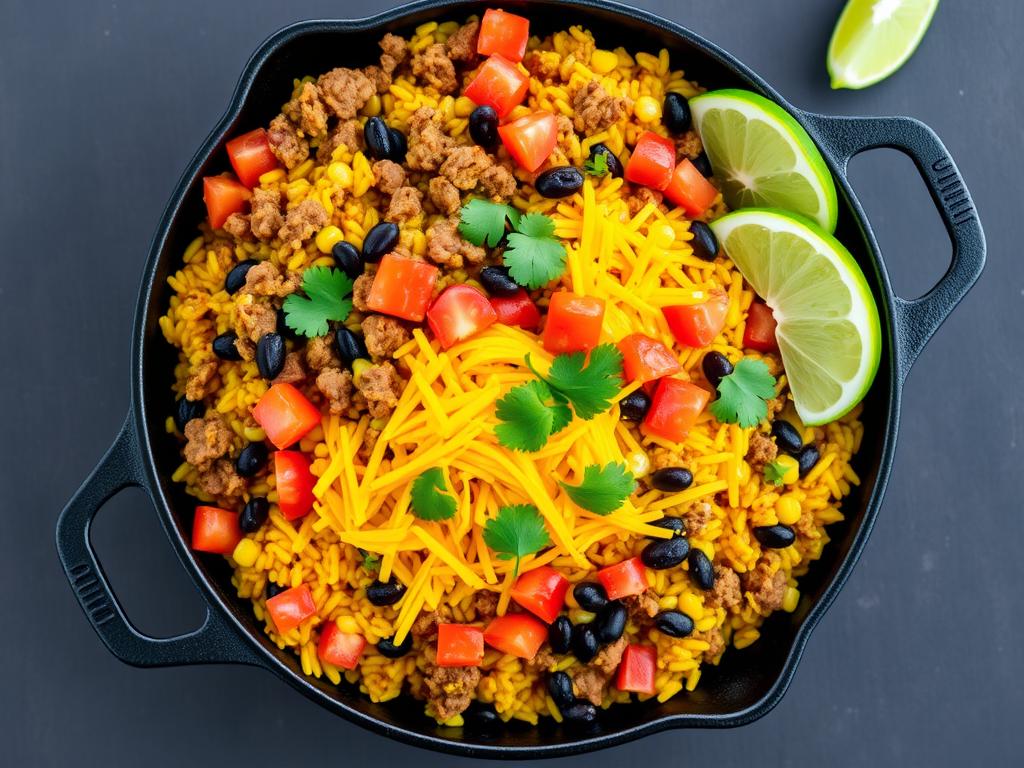 One-pot taco rice skillet with ground beef and vegetables for a quick dinner recipe for families One-pot taco rice skillet with ground beef and vegetables for a quick dinner recipe for families
