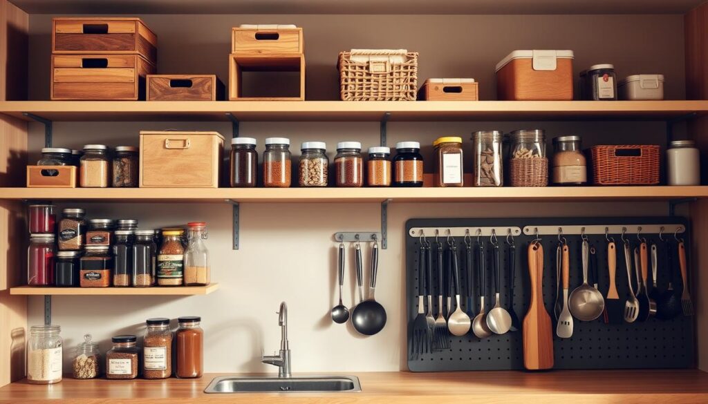 Organized kitchen storage solutions with sleek, minimalist shelving units and modular containers in a warm, well-lit space. Wooden crates and wicker baskets neatly arranged on floating shelves, creating a sense of order and efficiency. Metal racks hold jars of spices, oils, and dry goods, while a pegboard displays a variety of cooking utensils within easy reach. The overall atmosphere is one of calm, deliberate functionality, inviting the viewer to imagine a perfectly organized and streamlined culinary workspace.