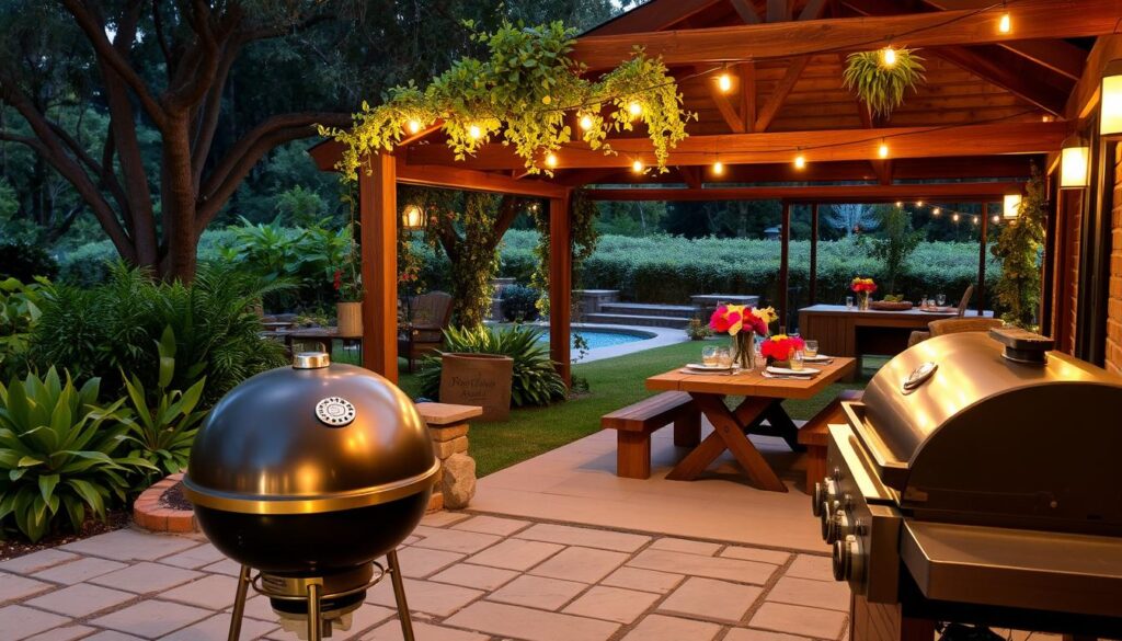 Outdoor cooking spaces with a rustic, summertime ambiance. In the foreground, a charcoal grill surrounded by stone pavers and lush greenery. Wooden benches and a table set with vibrant floral centerpieces create a cozy seating area. In the middle ground, a covered patio with hanging plants and string lights, casting a warm, inviting glow. The background features a lush, verdant landscape, perhaps a small garden or a glimpse of a serene water feature. The scene is illuminated by soft, natural lighting, creating a harmonious and tranquil atmosphere ideal for al fresco dining and relaxation.