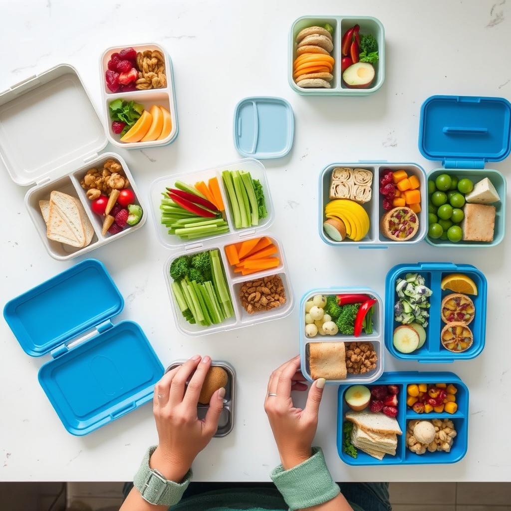 Parent preparing multiple lunch boxes efficiently with meal prep containers Parent preparing multiple lunch boxes efficiently with meal prep containers