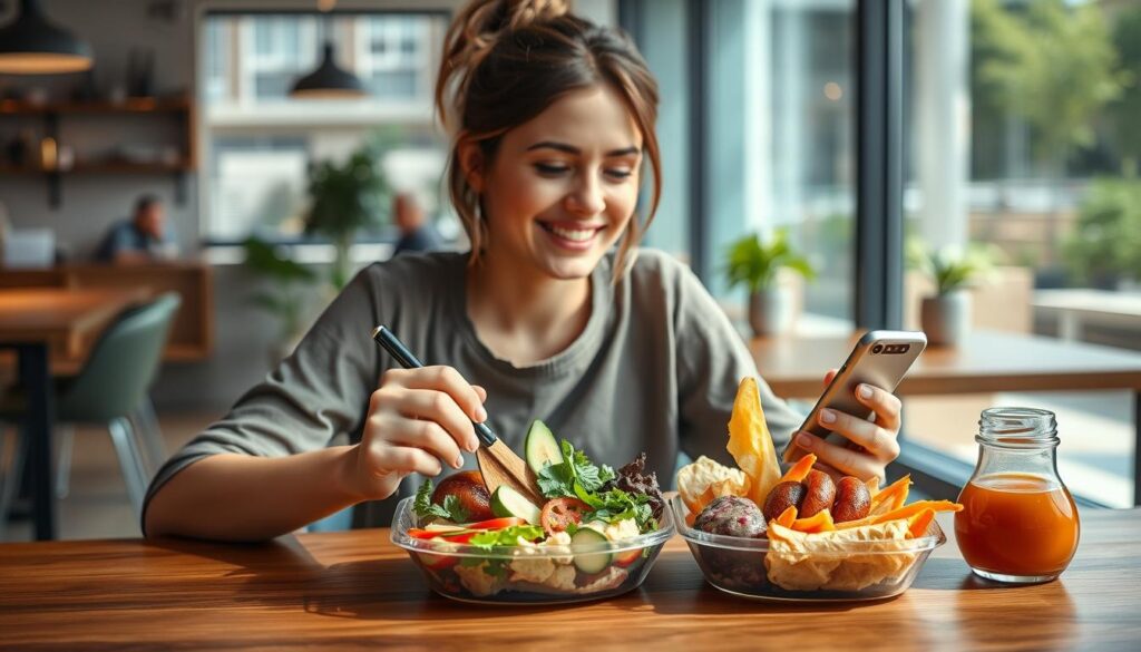 Person enjoying a trendy lunch break at a modern workspace