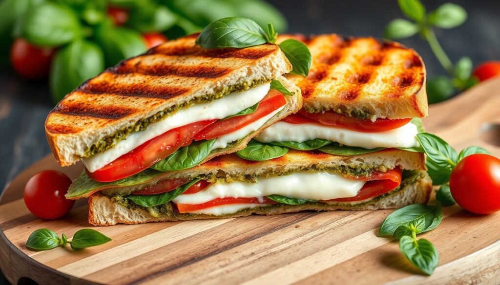 Pesto Caprese Panini cut in half showing layers for summer lunch recipes 2025 Pesto Caprese Panini cut in half showing layers for summer lunch recipes 2025