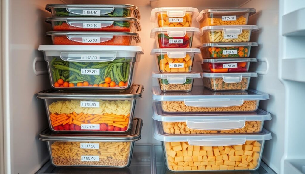 Properly stored meal prep containers in a refrigerator Properly stored meal prep containers in a refrigerator