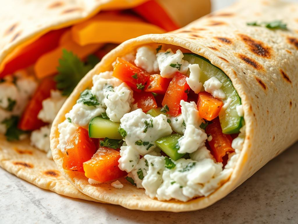 Protein-packed cottage cheese wrap with colorful vegetables Protein-packed cottage cheese wrap with colorful vegetables