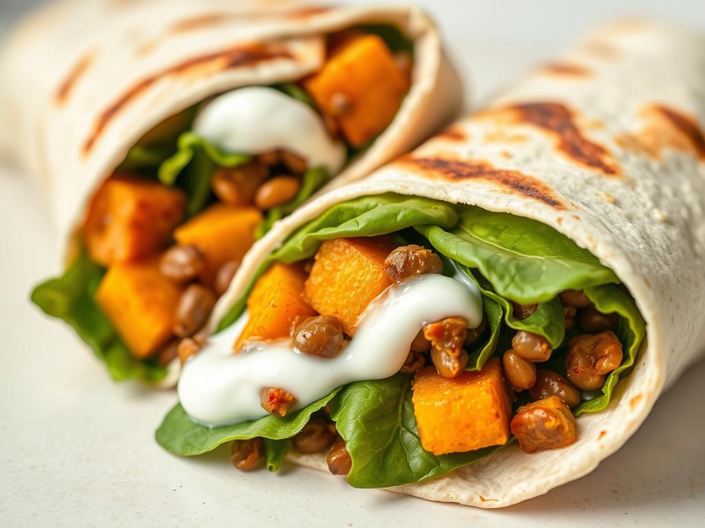 Protein-packed lentil and sweet potato wrap with vibrant vegetables Protein-packed lentil and sweet potato wrap with vibrant vegetables