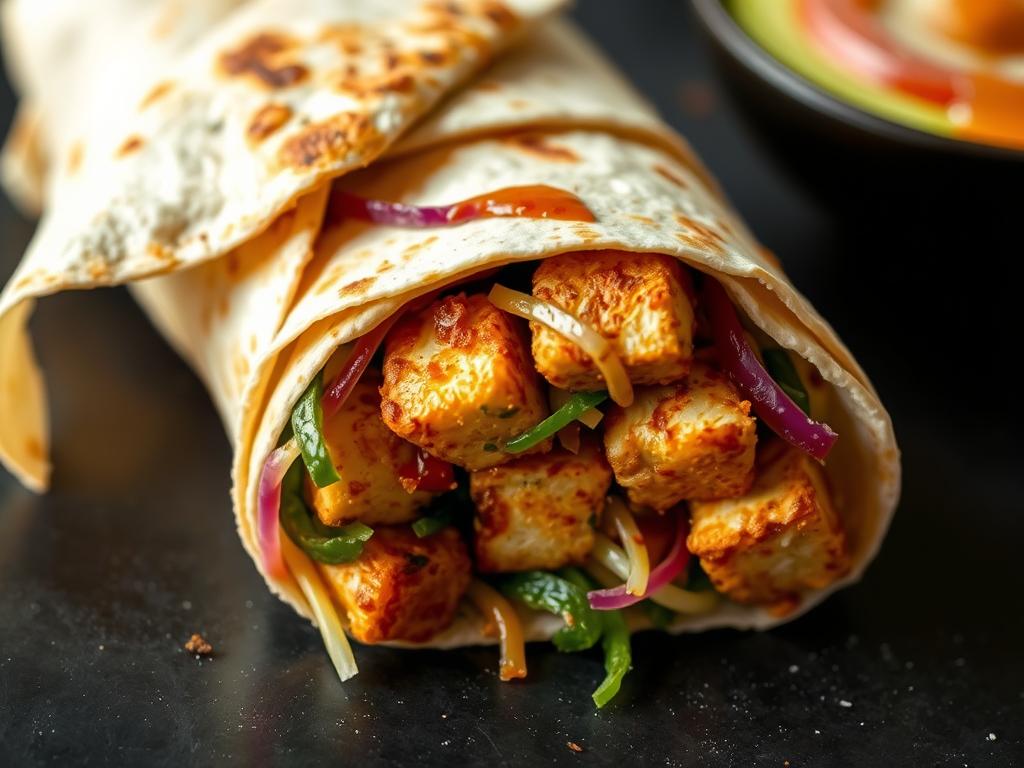 Protein-packed tofu wrap with crispy vegetables and sauce Protein-packed tofu wrap with crispy vegetables and sauce