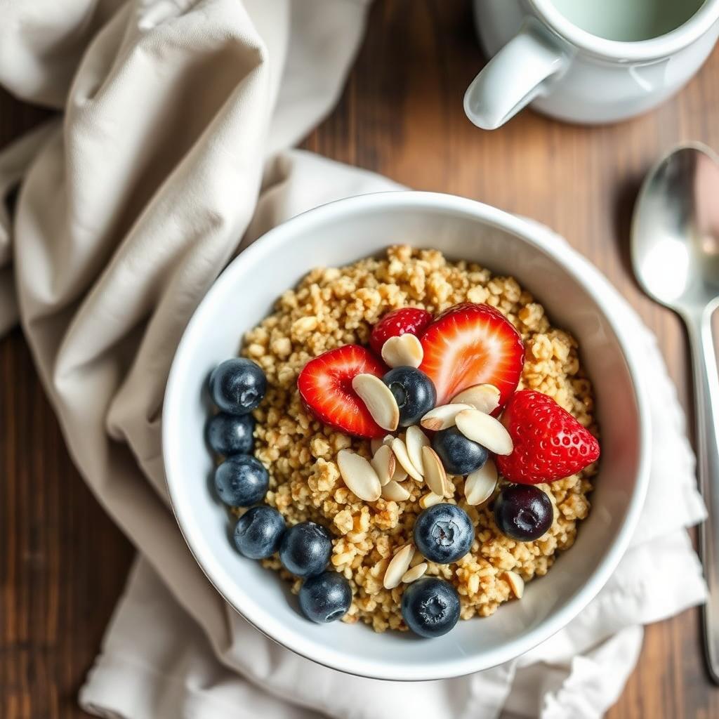 Quinoa breakfast bowl topped with fresh berries, nuts, and a drizzle of maple syrup Quinoa breakfast bowl topped with fresh berries, nuts, and a drizzle of maple syrup