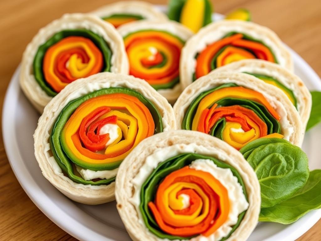 Rainbow veggie pinwheels sliced and arranged on a lunch plate, showing colorful vegetable layers Rainbow veggie pinwheels sliced and arranged on a lunch plate, showing colorful vegetable layers