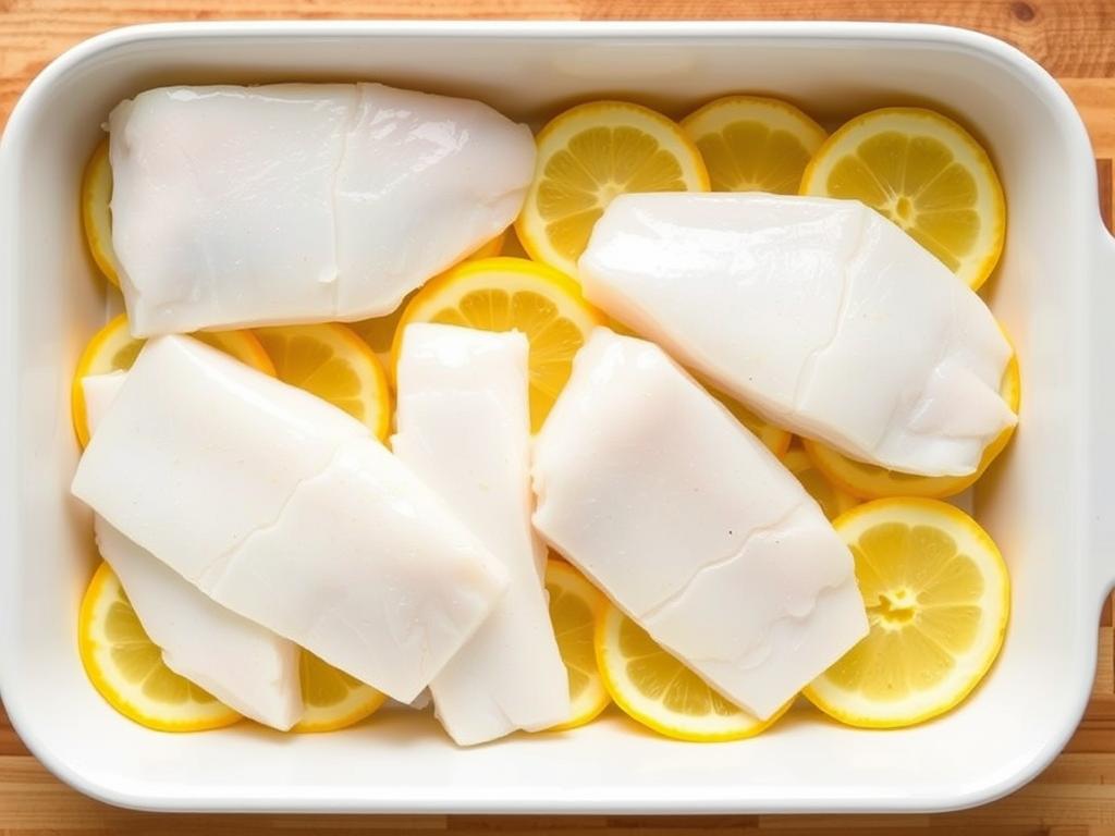 Raw cod fillets arranged on lemon slices in a baking dish Raw cod fillets arranged on lemon slices in a baking dish