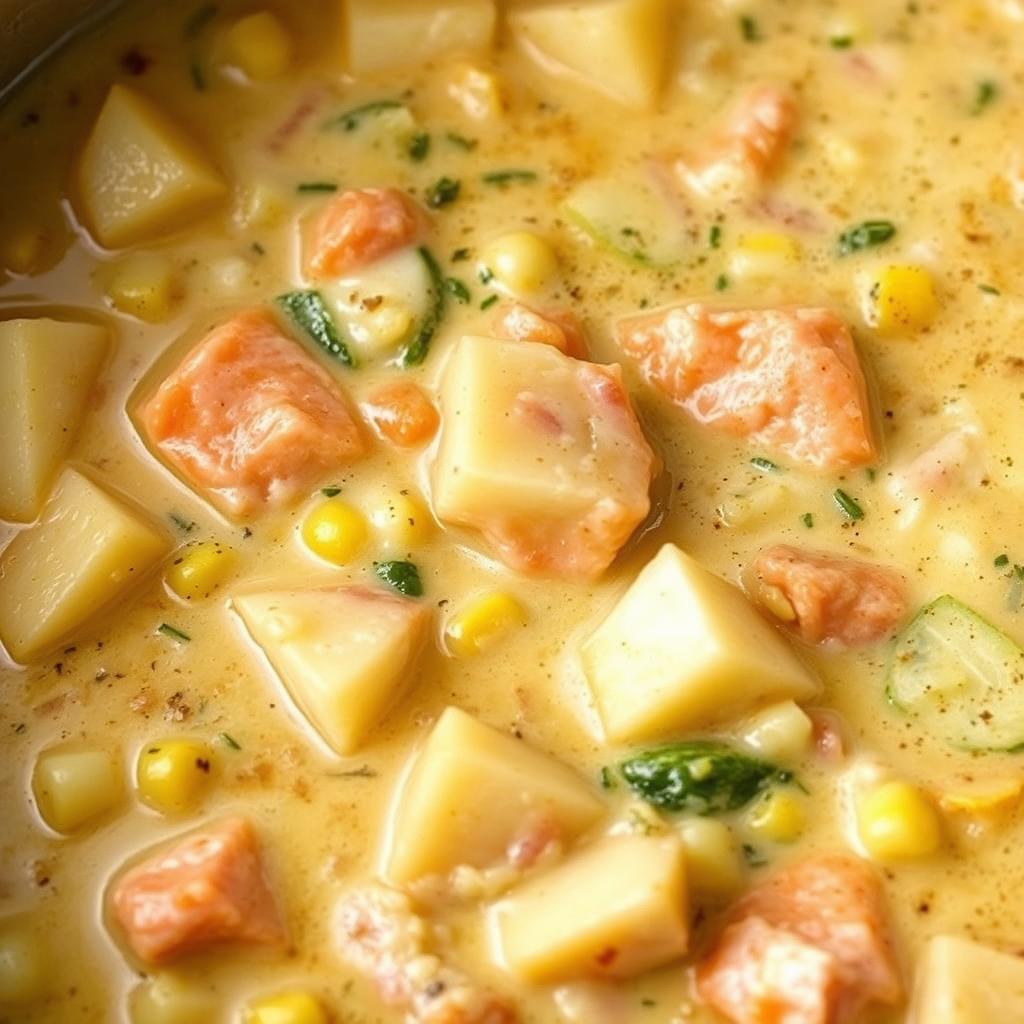 Salmon and Vegetable Chowder in a pot Salmon and Vegetable Chowder in a pot