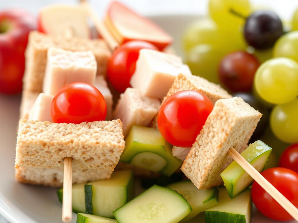 Sandwich kabobs with bread cubes, cheese, meat, and vegetables on wooden skewers Sandwich kabobs with bread cubes, cheese, meat, and vegetables on wooden skewers