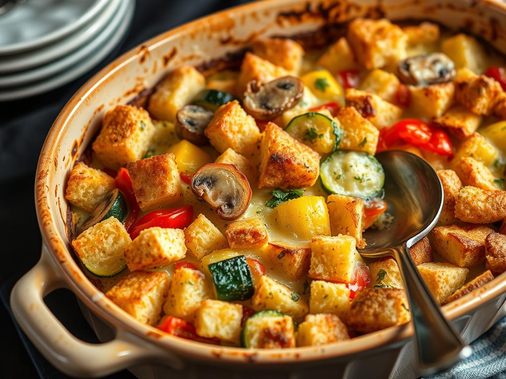 Savory bread pudding with seasonal vegetables made from stale bread Savory bread pudding with seasonal vegetables made from stale bread