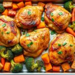 Sheet pan with roasted chicken and colorful vegetables for a quick dinner recipe for families