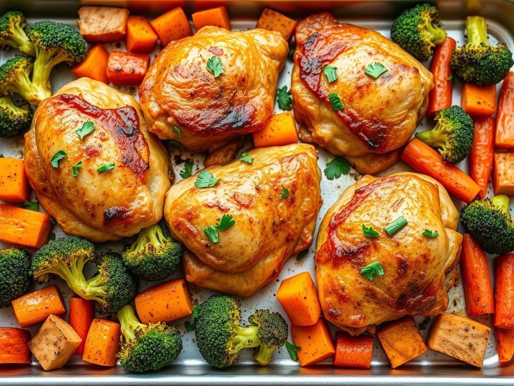 Sheet pan with roasted chicken and colorful vegetables for a quick dinner recipe for families