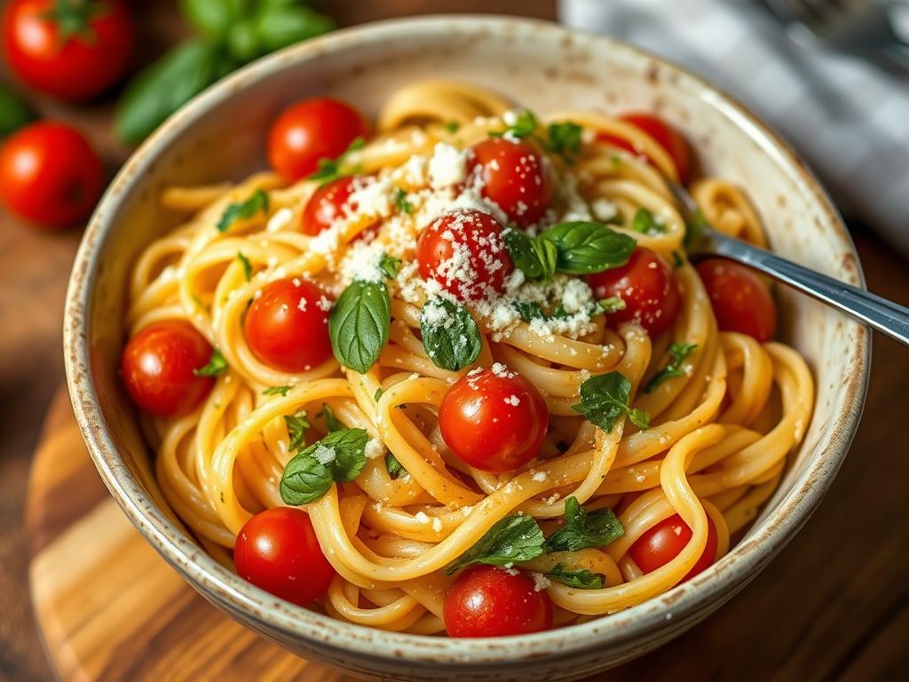 Simple pasta dish with tomatoes, herbs and cheese in a bowl Simple pasta dish with tomatoes, herbs and cheese in a bowl