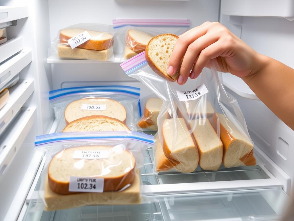 Sliced bread being placed in freezer bags with date labels Sliced bread being placed in freezer bags with date labels
