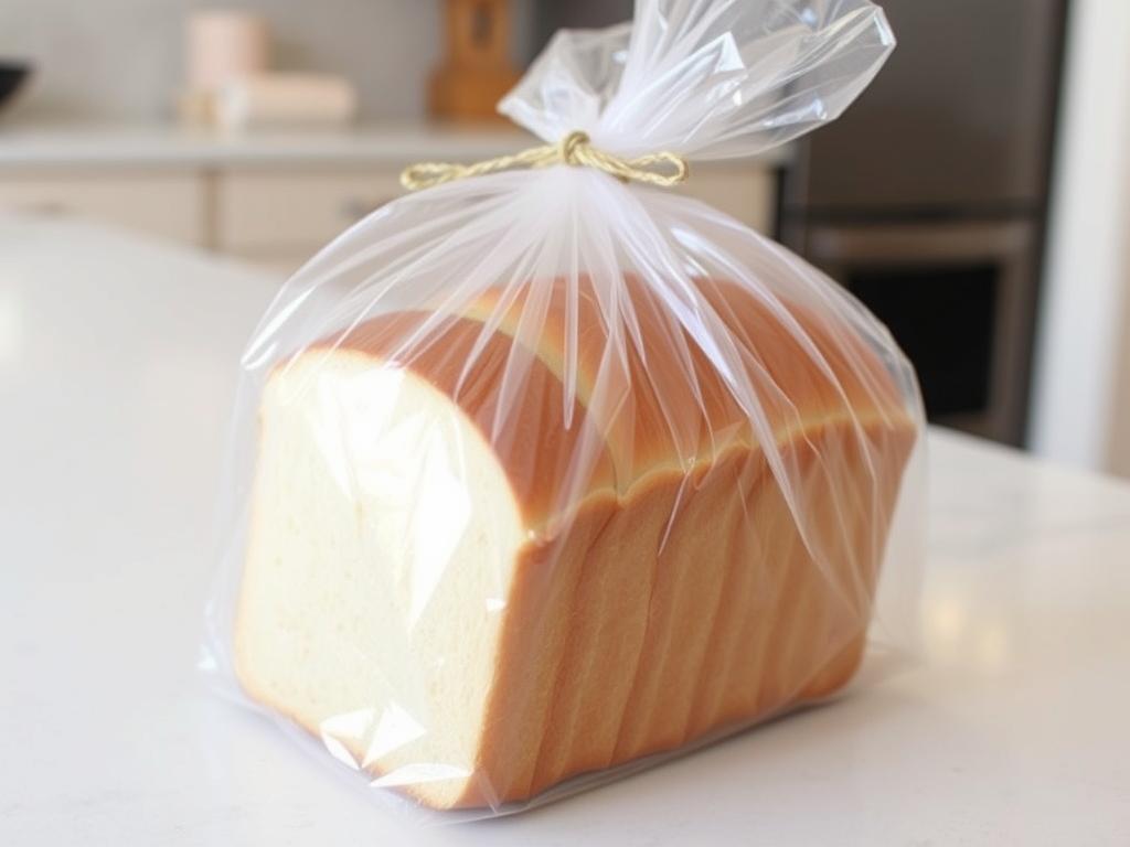Sliced bread in a clear plastic bag with twist tie Sliced bread in a clear plastic bag with twist tie