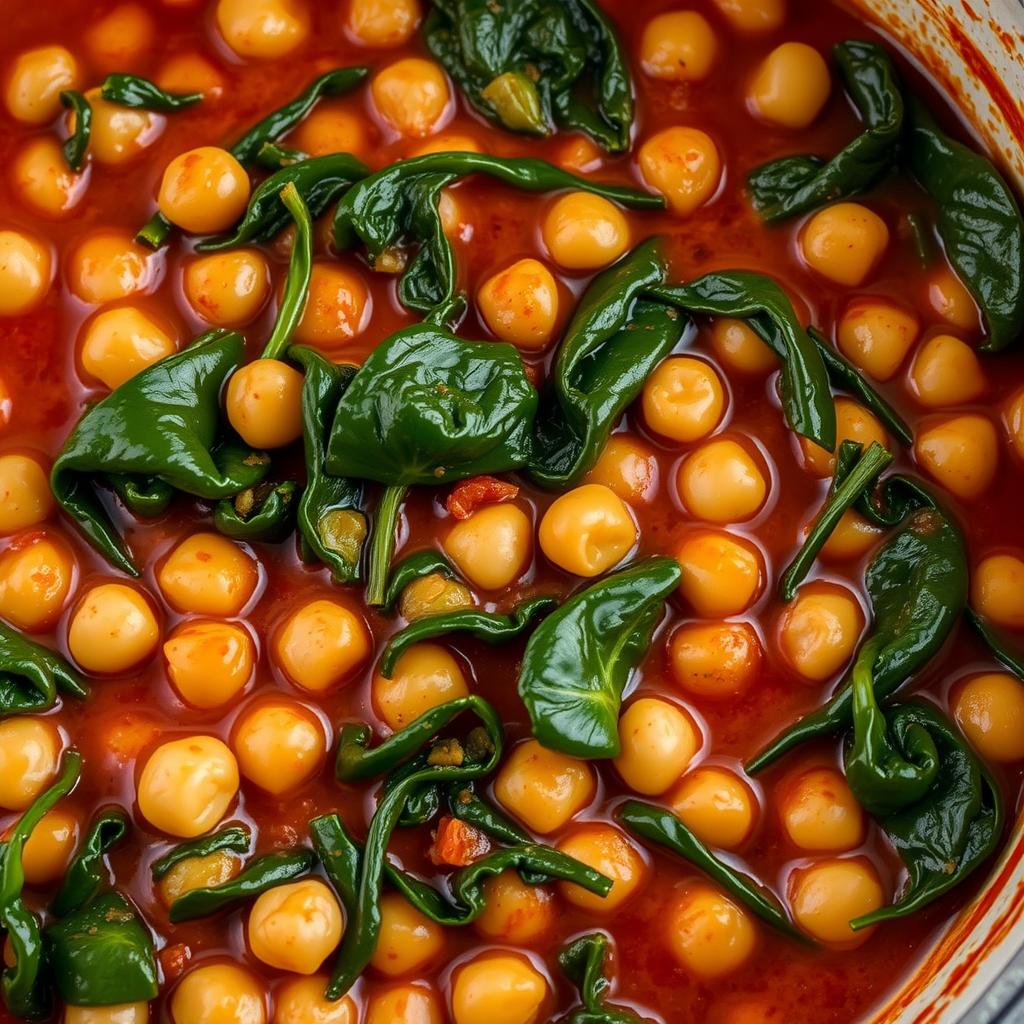 Spanish Chickpea and Spinach Stew in a pot Spanish Chickpea and Spinach Stew in a pot