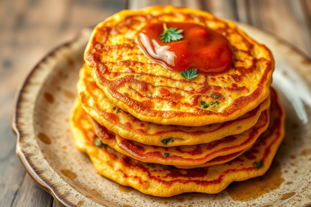 Stack of golden chickpea flour pancakes with herbs and vegetables on a plate Stack of golden chickpea flour pancakes with herbs and vegetables on a plate