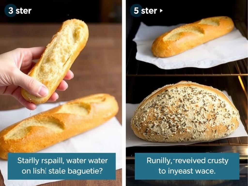 Stale baguette being sprinkled with water before reheating in oven Stale baguette being sprinkled with water before reheating in oven