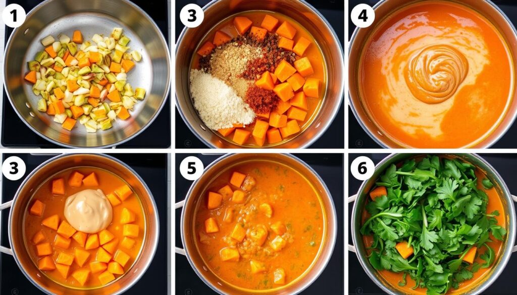Step-by-step cooking process of Creamy Sweet Potato Peanut Stew Vegan