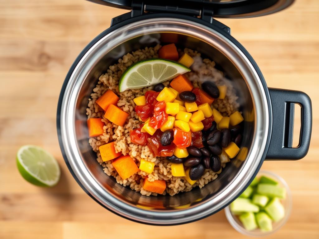 Sweet potato and bean burrito bowl with colorful vegetables in a thermos container Sweet potato and bean burrito bowl with colorful vegetables in a thermos container
