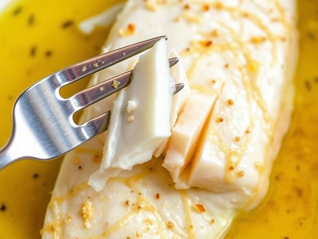 Testing cod doneness with a fork showing flaky texture Testing cod doneness with a fork showing flaky texture