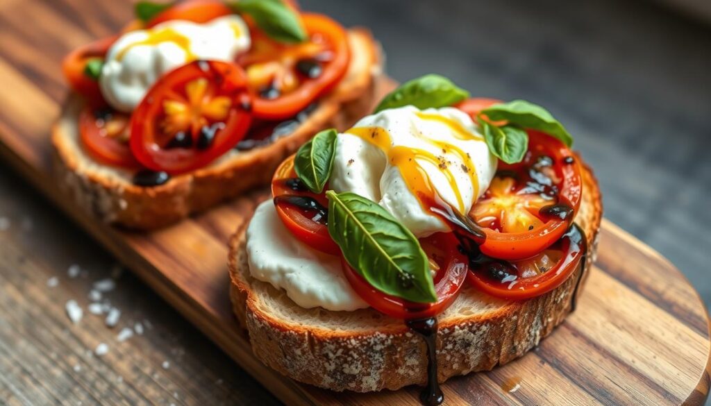 Tomato & Burrata Toast on a wooden board for summer lunch recipes 2025 Tomato & Burrata Toast on a wooden board for summer lunch recipes 2025