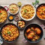 Various colorful one-pot lunch dishes arranged on a wooden table
