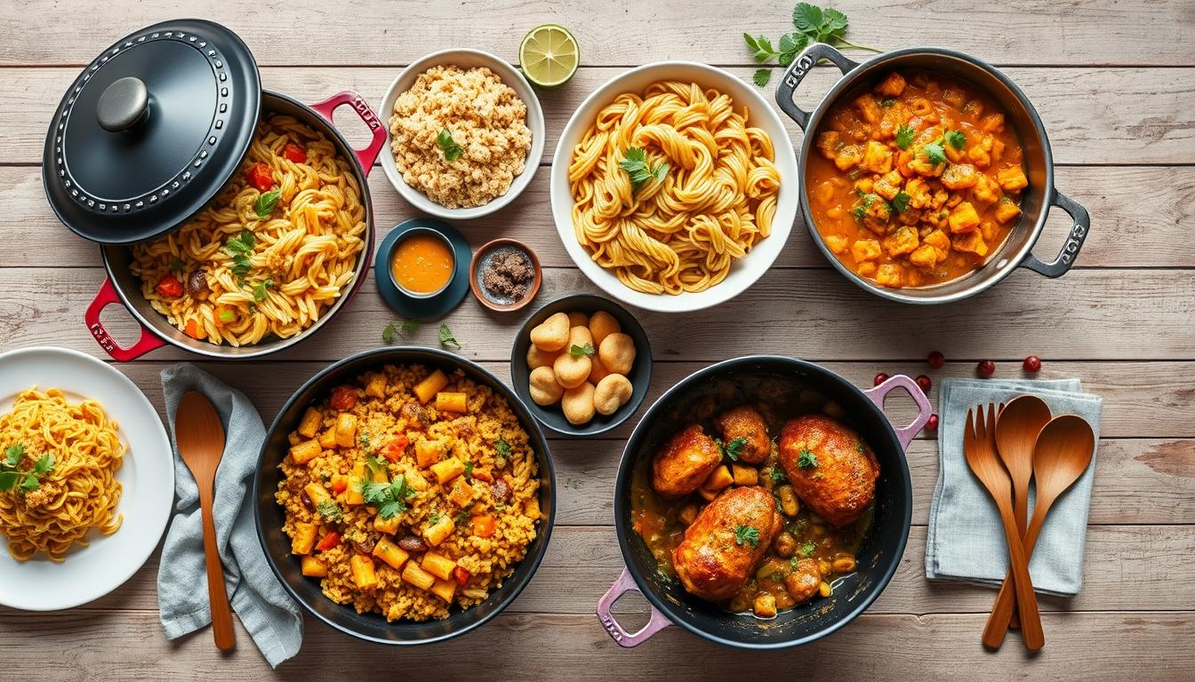 Various colorful one-pot lunch dishes arranged on a wooden table