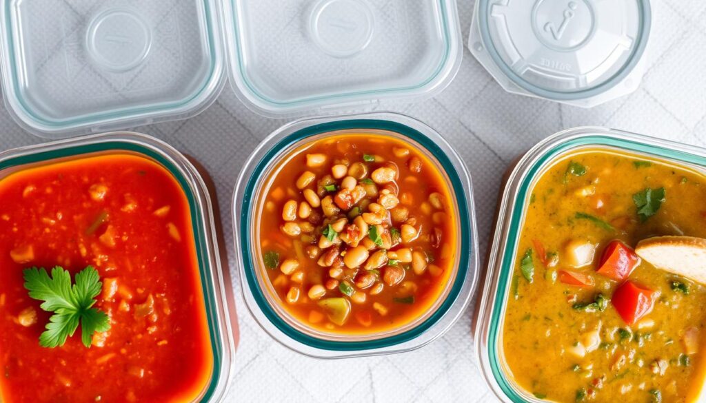 Various colorful soups in meal prep containers with garnishes Various colorful soups in meal prep containers with garnishes