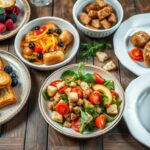 Various dishes made with stale bread including French toast, bread pudding, and croutons