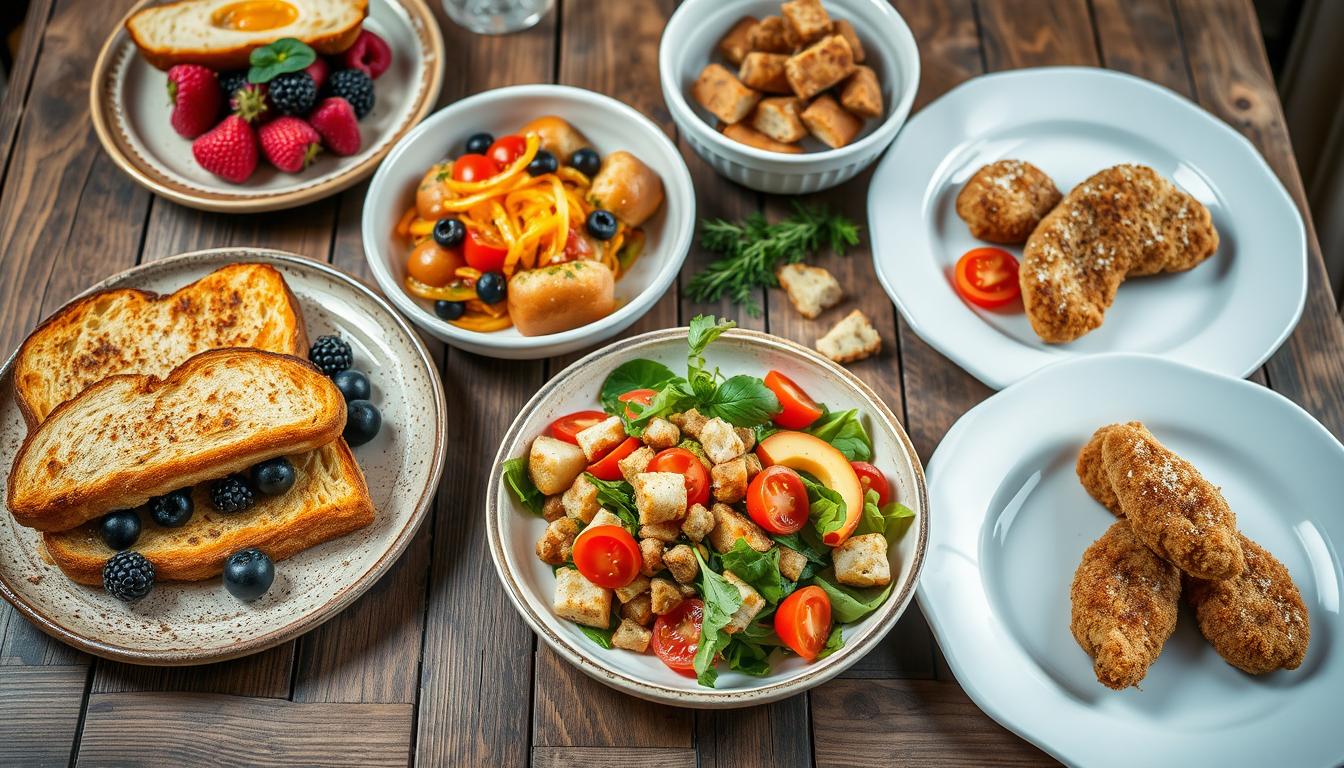 Various dishes made with stale bread including French toast, bread pudding, and croutons