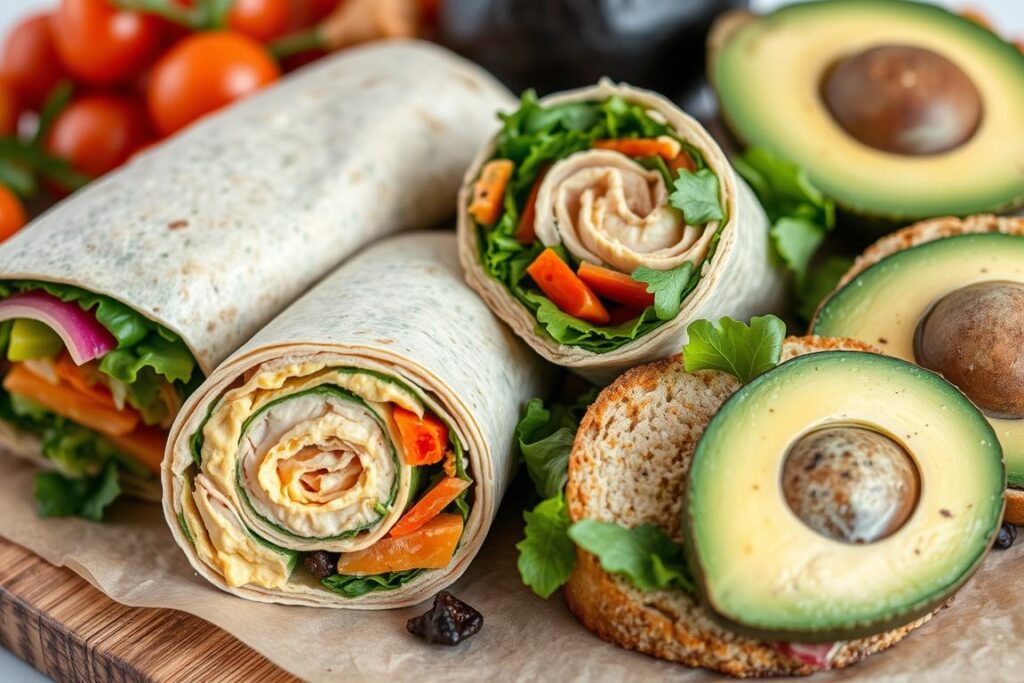 Various healthy wraps and sandwiches cut in half showing fillings Various healthy wraps and sandwiches cut in half showing fillings