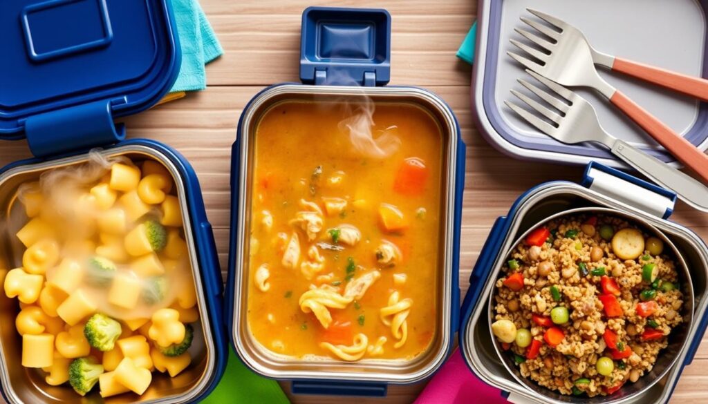 Various hot lunch options for kids in thermos containers including pasta, soup, and warm grain bowls Various hot lunch options for kids in thermos containers including pasta, soup, and warm grain bowls