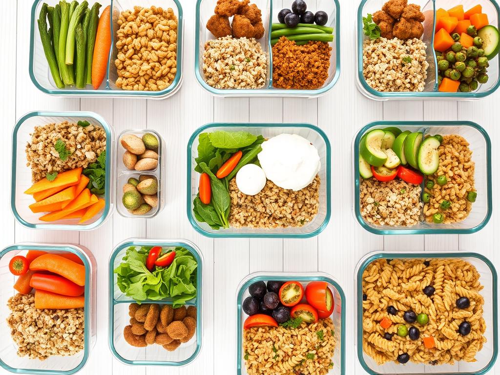 Various meal prep containers with healthy lunches arranged on a counter Various meal prep containers with healthy lunches arranged on a counter