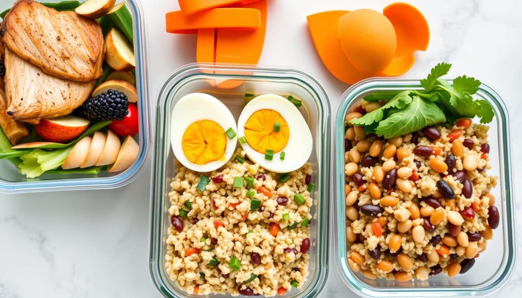 Various protein-packed meal prep containers with chicken, eggs, and beans Various protein-packed meal prep containers with chicken, eggs, and beans