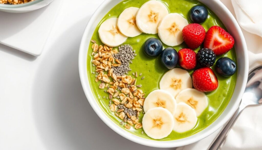 Vibrant green smoothie bowl topped with granola, seeds, and fruit Vibrant green smoothie bowl topped with granola, seeds, and fruit
