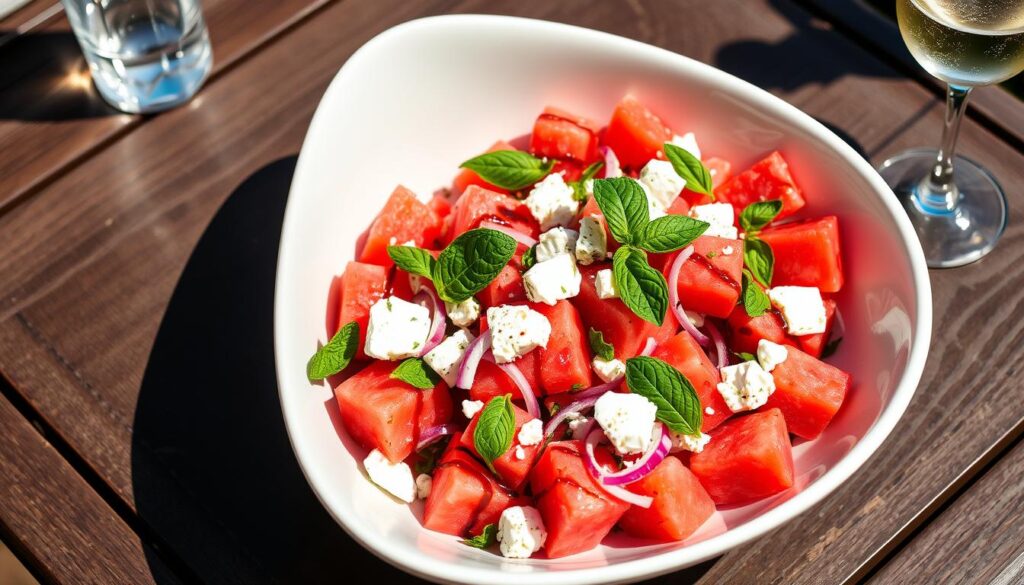 Watermelon Feta Salad with Mint in a serving bowl for summer lunch recipes 2025 Watermelon Feta Salad with Mint in a serving bowl for summer lunch recipes 2025