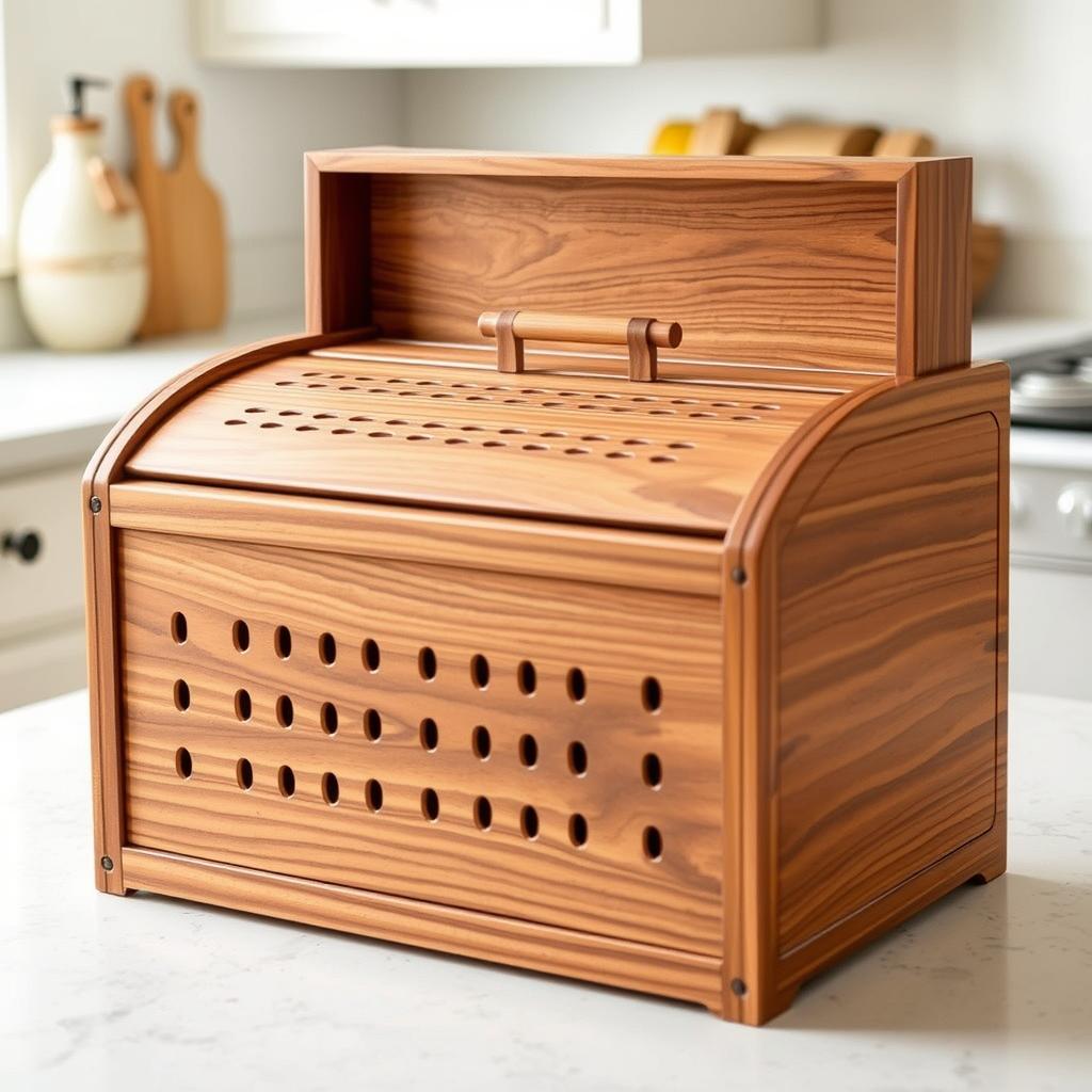 Wooden bread box with ventilation holes and roll-top design Wooden bread box with ventilation holes and roll-top design