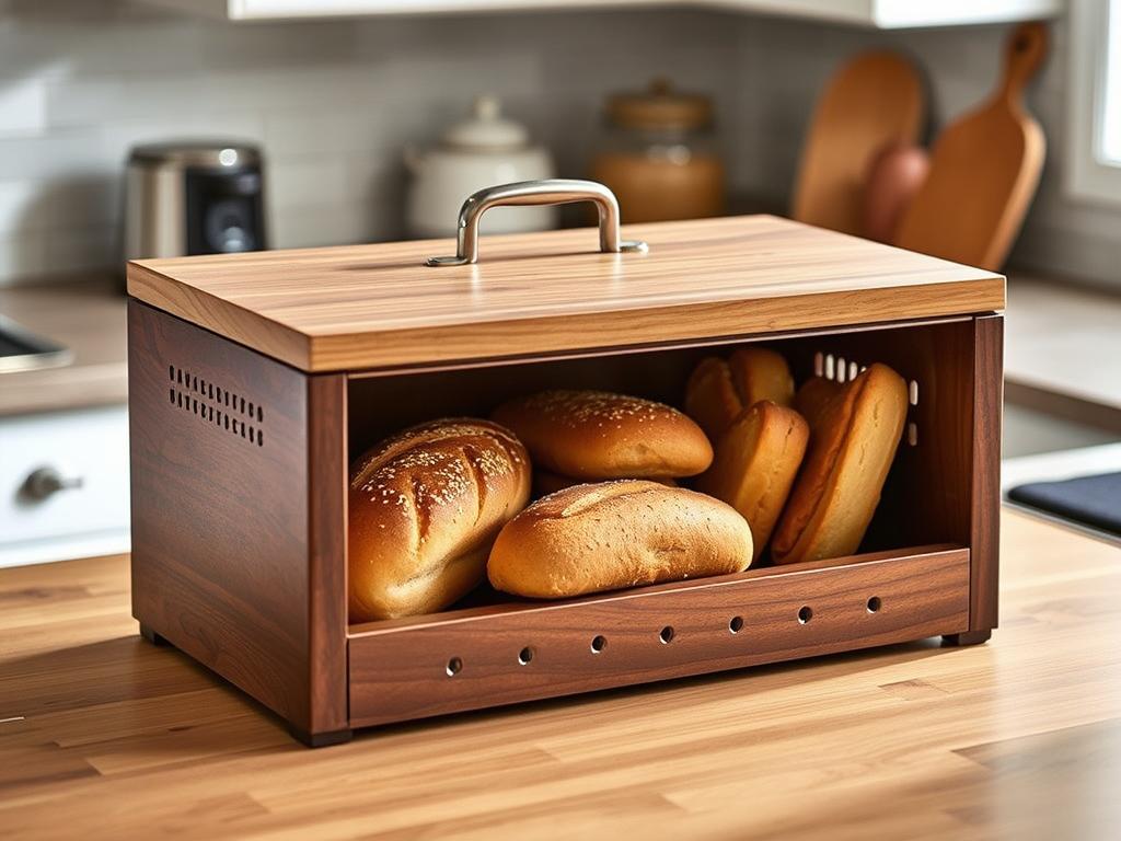 Wooden bread box with ventilation holes containing various bread types Wooden bread box with ventilation holes containing various bread types
