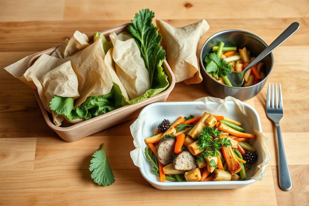 Zero-waste lunch setup with sustainable packaging and whole-ingredient usage