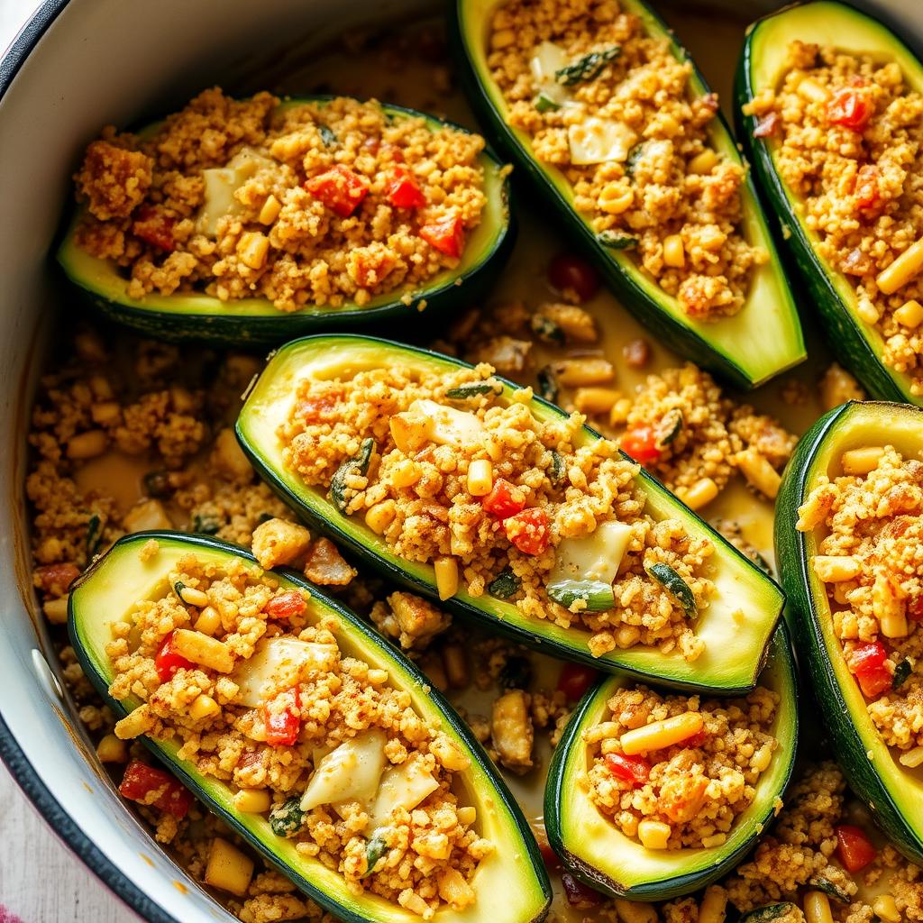 Zucchini Boat Casserole in a baking dish Zucchini Boat Casserole in a baking dish