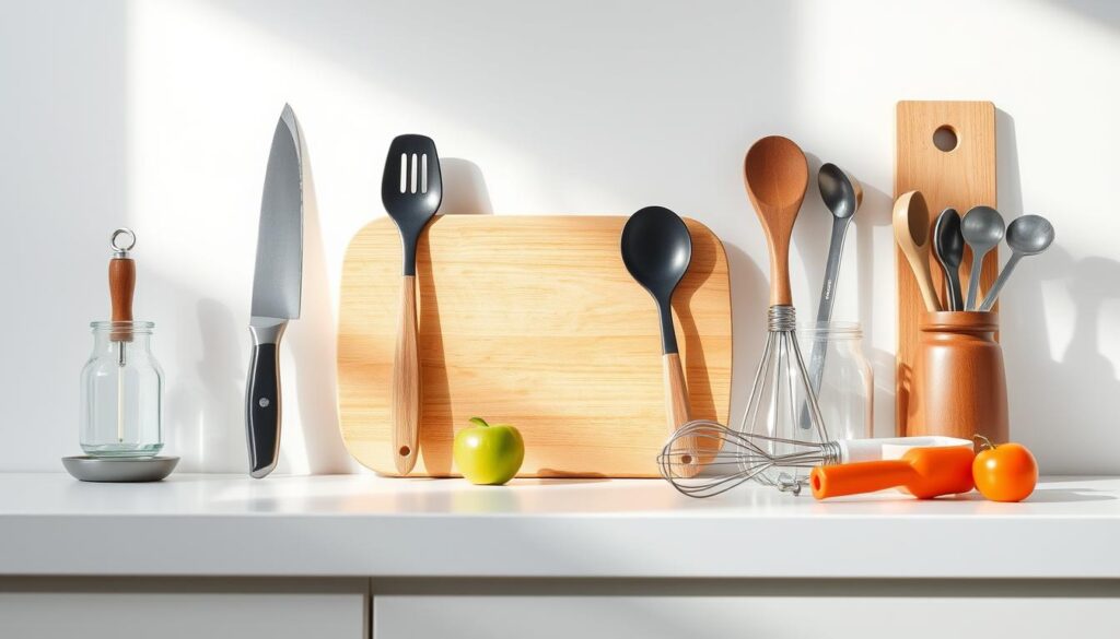a high-quality, well-lit close-up shot of an assortment of essential kitchen tools arranged in an appealing, organized manner on a clean, minimalist countertop. The tools should include a chef's knife, a cutting board, a spatula, a wooden spoon, a vegetable peeler, a whisk, and a set of measuring cups and spoons. The lighting should be natural and evenly distributed, creating soft shadows and highlighting the textures and materials of the tools. The composition should be balanced and visually pleasing, with the tools positioned to create a sense of harmony and functionality. The overall mood should be one of simplicity, utility, and culinary preparedness.