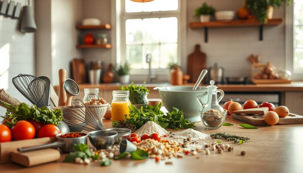 a kitchen counter filled with various cooking ingredients and tools, including a set of measuring spoons, a whisk, a mixing bowl, and a collection of spices, herbs, and vegetables. The background features a bright, airy window, allowing natural light to flood the scene. The overall atmosphere is one of experimentation and creativity, with a sense of playfulness and discovery. The lighting is warm and inviting, casting soft shadows and highlights on the objects. The camera angle is slightly elevated, providing a birds-eye view of the unfolding culinary endeavor, inviting the viewer to join in the process of culinary exploration.