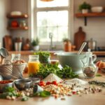 a kitchen counter filled with various cooking ingredients and tools, including a set of measuring spoons, a whisk, a mixing bowl, and a collection of spices, herbs, and vegetables. The background features a bright, airy window, allowing natural light to flood the scene. The overall atmosphere is one of experimentation and creativity, with a sense of playfulness and discovery. The lighting is warm and inviting, casting soft shadows and highlights on the objects. The camera angle is slightly elevated, providing a birds-eye view of the unfolding culinary endeavor, inviting the viewer to join in the process of culinary exploration.
